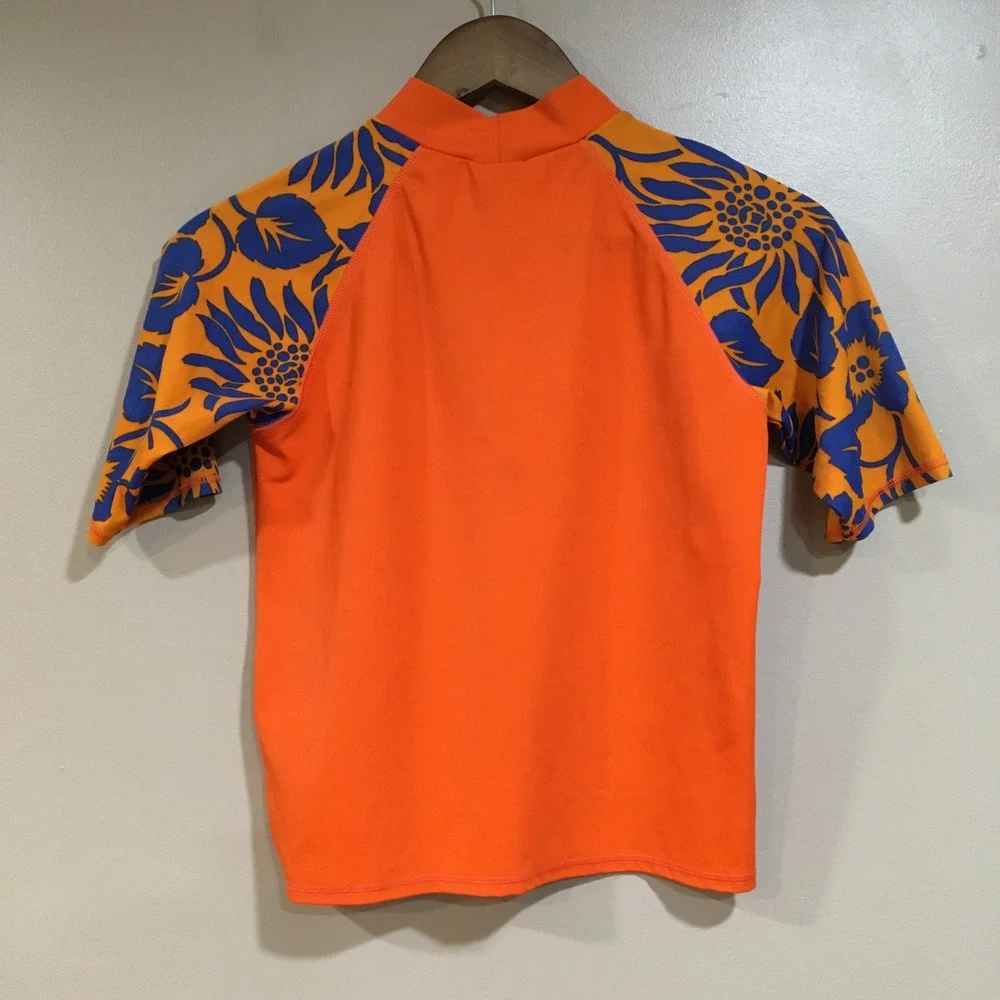 Lands End Short Sleeve Rashguard Boys M Orange Tropical Hawaii Beach‎ Swim Shirt